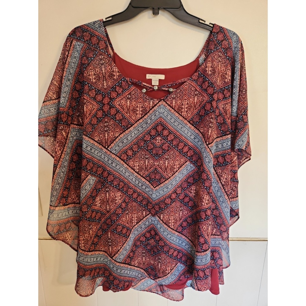 Plus Size Boho Chic Patterned Poncho Top 22/24W Burgundy Geometric Flowy Free - Picture 2 of 16